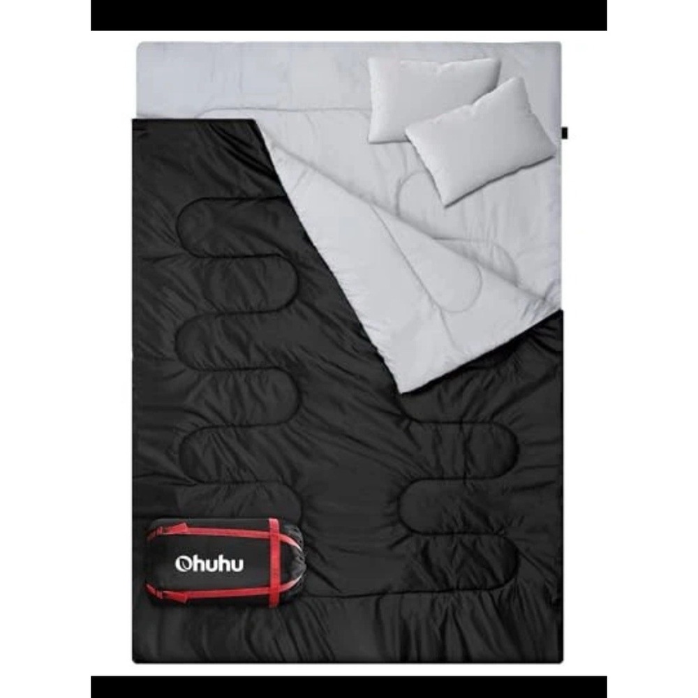 Ohuhu Double Sleeping Bag with 2 Pillows, Waterproof Lightweight Black New